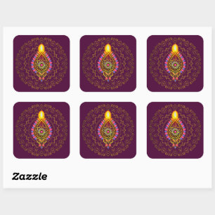 Pegatina Cuadrada Diwali Jeweld Diya Candle Design Mandala Purple