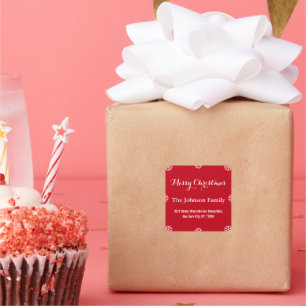 Pegatina Cuadrada DIY Elegantes Navidades Rojo Guión Blanco Copos de