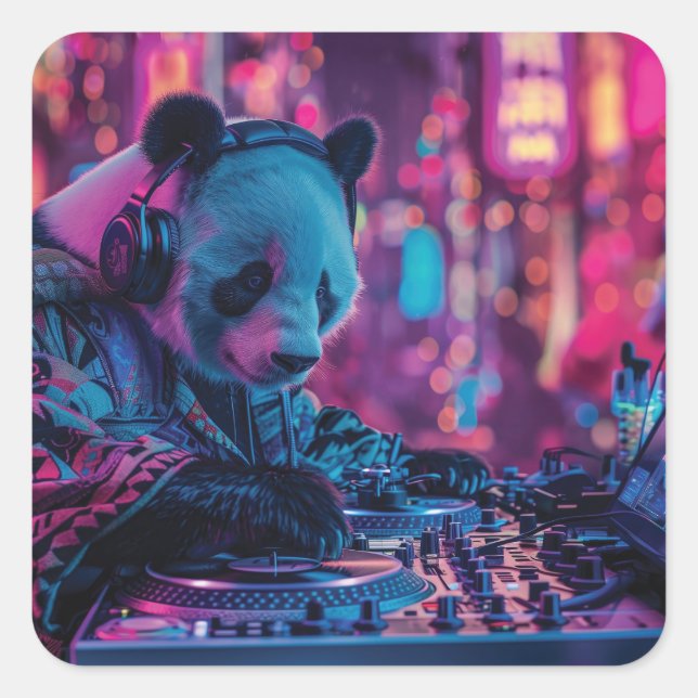 Pegatina Cuadrada DJ Panda con auriculares (Anverso)