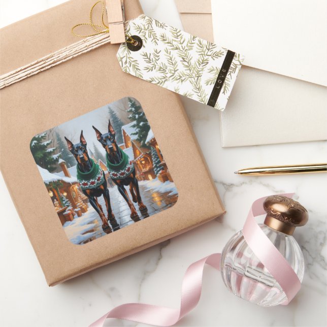 Pegatina Cuadrada Doberman Dogs Christmas Snow Holiday  (Regalar)