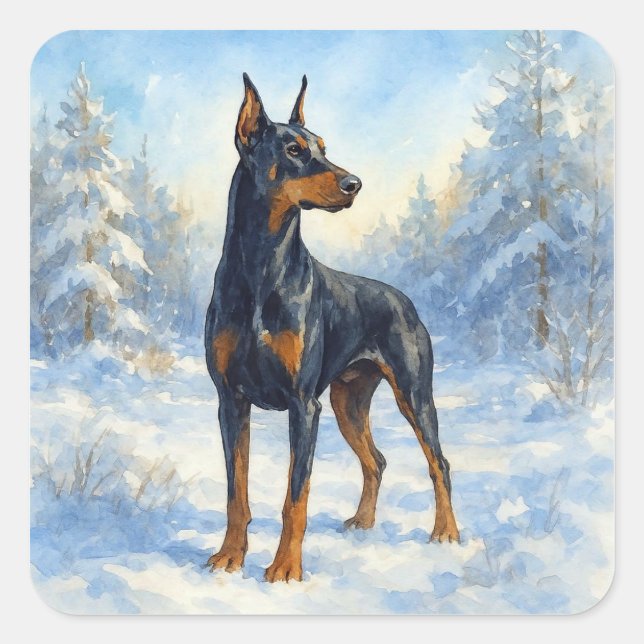 Pegatina Cuadrada Doberman en nieve de invierno (Anverso)
