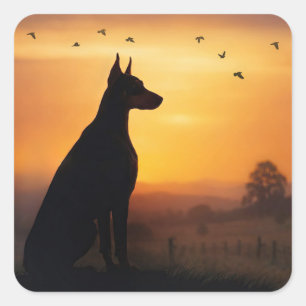 Pegatina Cuadrada Doberman Pincher Silueteado Atardecer
