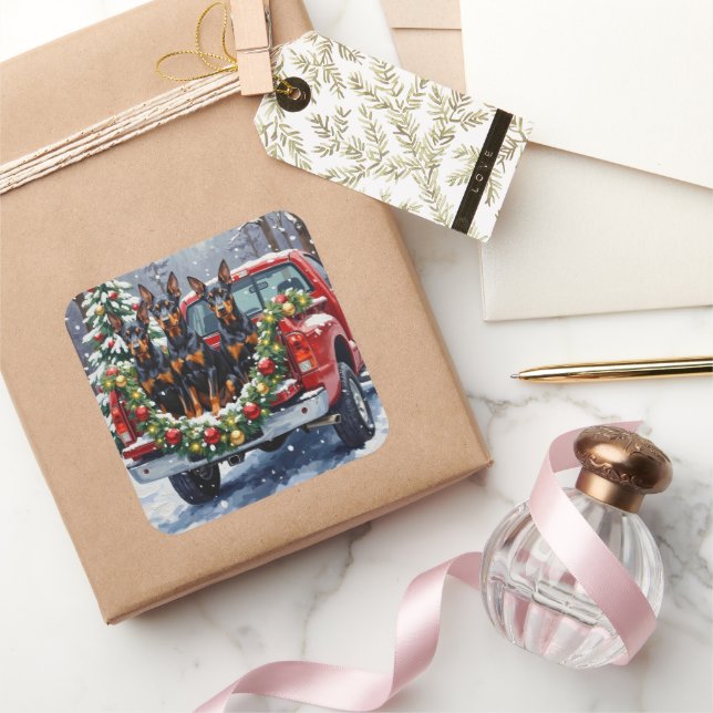 Pegatina Cuadrada Doberman Pinscher Christmas Red Truck Holiday (Regalar)