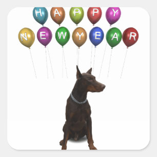 Pegatina Cuadrada Doberman Pinscher deseando un feliz Año Nuevo 2016
