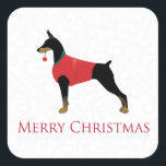 Pegatina Cuadrada Doberman Pinscher Dog Merry Christmas Design<br><div class="desc">Diseño de Navidades Doberman Pinscher. Esta silueta también puede representar a Dobie, Pinscher alemán, Pinscher austríaco, Glatthaariger Pinscher, Reh Pinscher, Deutscher Pinscher, Miniature Pinscher, Min Pin, Beauceron, diablo perro, mastiff, perro de la policía, perro militar, Schutzhund, mezcla, mutt, orejas naturales, cola natural, sin cortar, mezclar, orejas, cola natural, sin cortar,...</div>