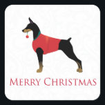 Pegatina Cuadrada Doberman Pinscher Dog Merry Christmas Design<br><div class="desc">Diseño de Navidades Doberman Pinscher. Esta silueta también puede representar a Dobie, Pinscher alemán, Pinscher austríaco, Glatthaariger Pinscher, Reh Pinscher, Deutscher Pinscher, Miniature Pinscher, Min Pin, Beauceron, diablo perro, mastiff, perro de la policía, perro militar, Schutzhund, mezcla, mutt, orejas naturales, cola natural, sin cortar, mezclar, orejas, cola natural, sin cortar,...</div>