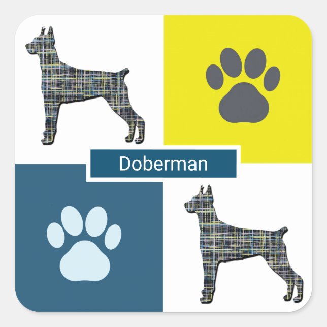 Pegatina Cuadrada Doberman Pinscher Dog Silhouette & Paw Y&B Grid (Anverso)