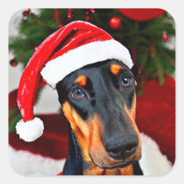 Pegatina Cuadrada Doberman Santa Hat