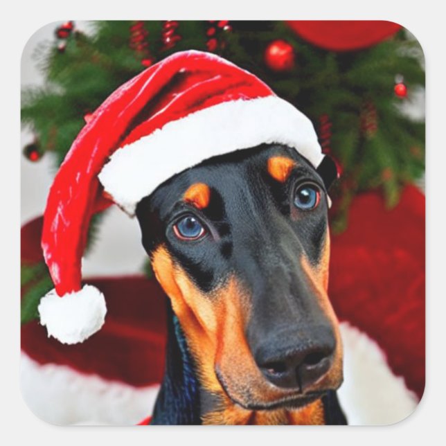 Pegatina Cuadrada Doberman Santa Hat (Anverso)