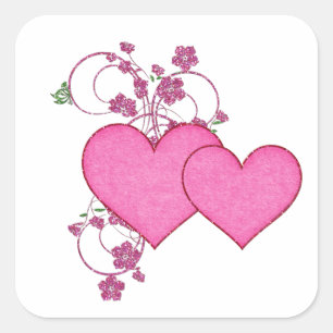 Pegatina Cuadrada Doble corazón rosa y diseño de brillo Día de San V