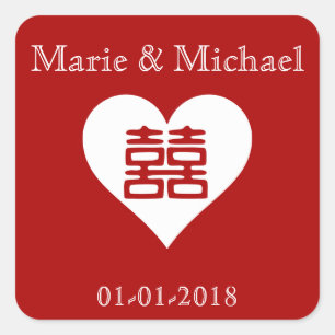 Pegatina Cuadrada Doble Felicidad ・ Corazón ・ Rojo negrita