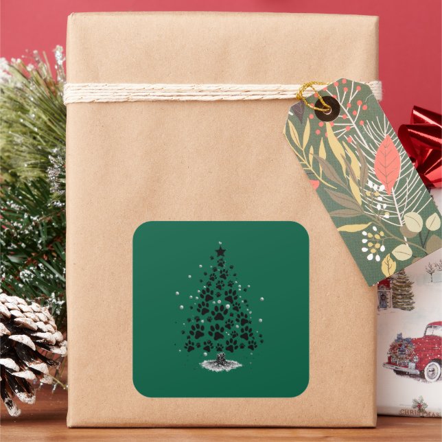 Pegatina Cuadrada Dog Lover Paw Print Christmas Tree (Vacaciones)