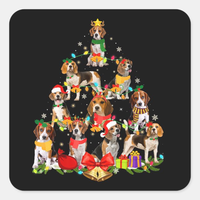 Pegatina Cuadrada Dog Lover Regalos Beagle Tree Navidades Light (Anverso)
