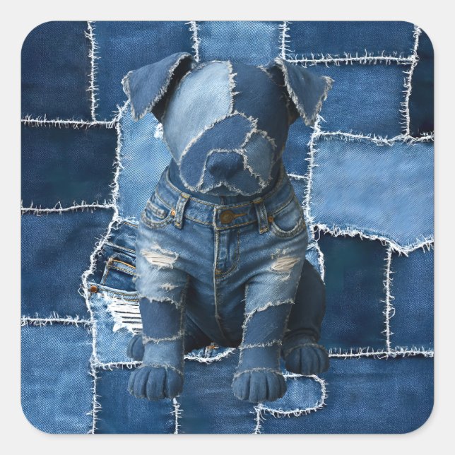 Pegatina Cuadrada Dog Patchwork Art Denim (Anverso)