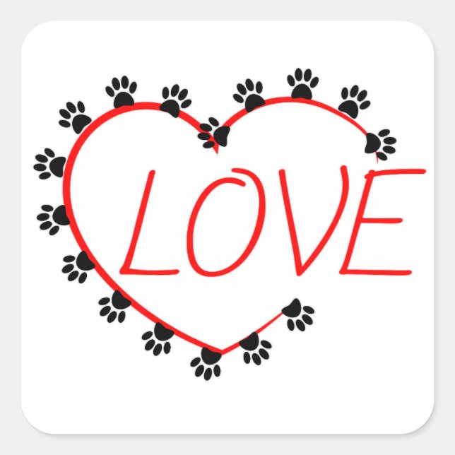 Pegatina Cuadrada Dog Paws Red Heart Love (Anverso)
