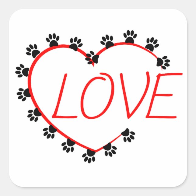 Pegatina Cuadrada Dog Paws Red Heart Love (Anverso)