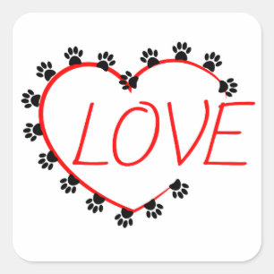 Pegatina Cuadrada Dog Paws Red Heart Love
