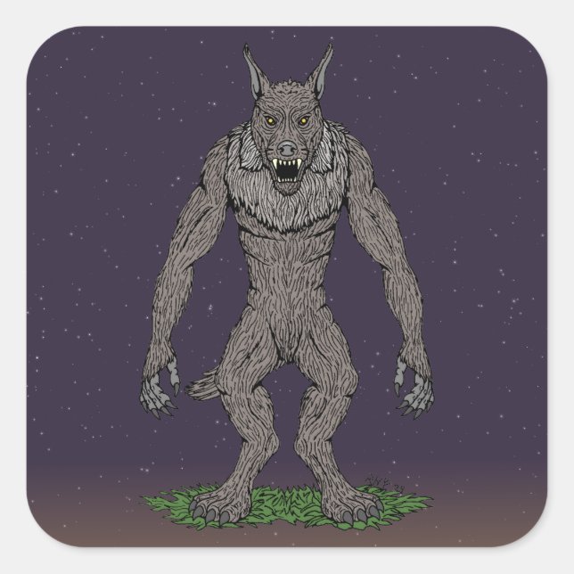 Pegatina Cuadrada Dogman Cryptid o Werewolf (Anverso)