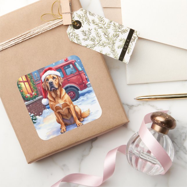 Pegatina Cuadrada Dogue de Bordeaux Firefighter Station Santa Hat (Regalar)