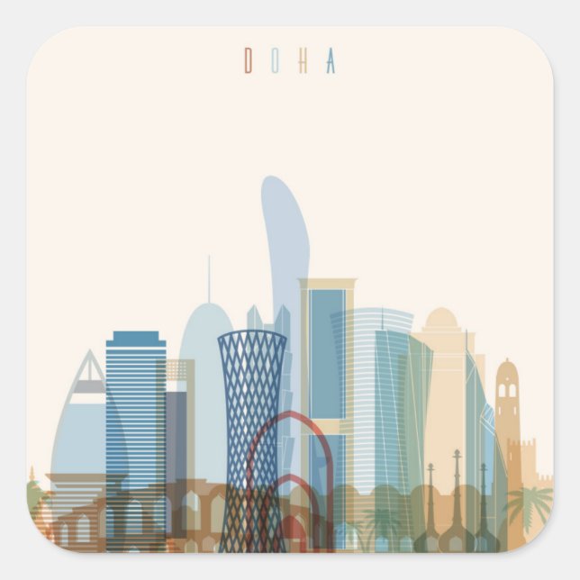 Pegatina Cuadrada Doha, Qatar | Línea de la ciudad (Anverso)
