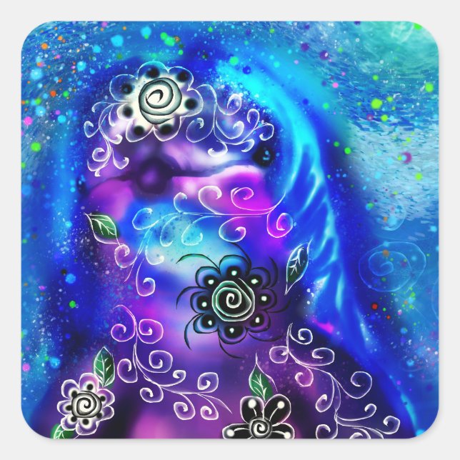 Pegatina Cuadrada Dolphin azul azul azul Verde azulado costero Nauti (Anverso)