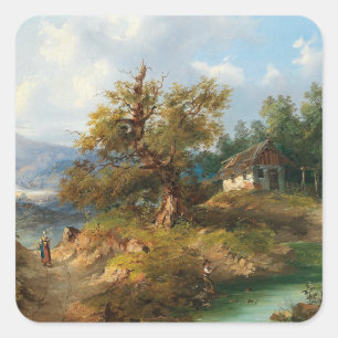 Pegatina Cuadrada Dominik Schufried Un Paisaje Montañoso con...