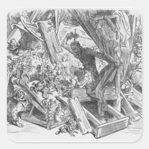 Pegatina Cuadrada Don Quijote luchando contra las marionetas