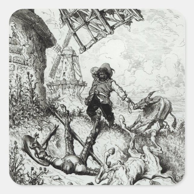 Pegatina Cuadrada Don Quijote y los molinos de viento (Anverso)