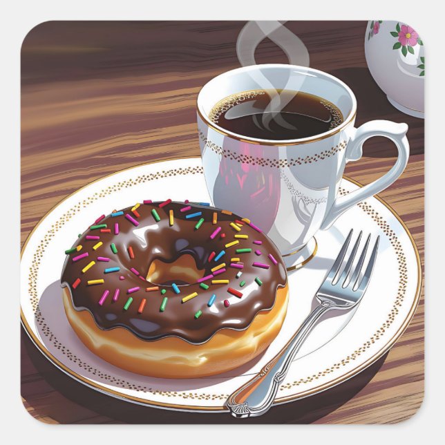 Pegatina Cuadrada Dona Glaseada de Chocolate y Café  (Anverso)