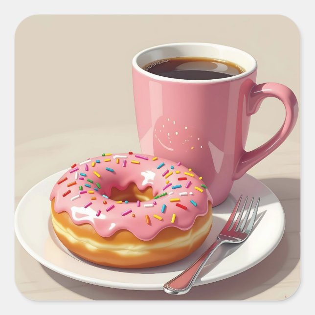Pegatina Cuadrada Dona Glaseada de Rosa y Café  (Anverso)