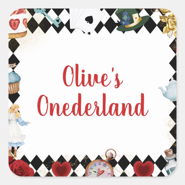 Pegatina Cuadrada "Don't Be Late" Alice in ONEderland First Birthday (Anverso)
