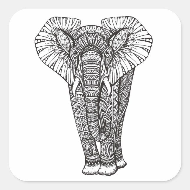 Pegatina Cuadrada Doodle de elefante con patrón de fantasía (Anverso)