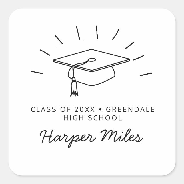 Pegatina Cuadrada Doodle de gorra de graduación con rayos (Anverso)