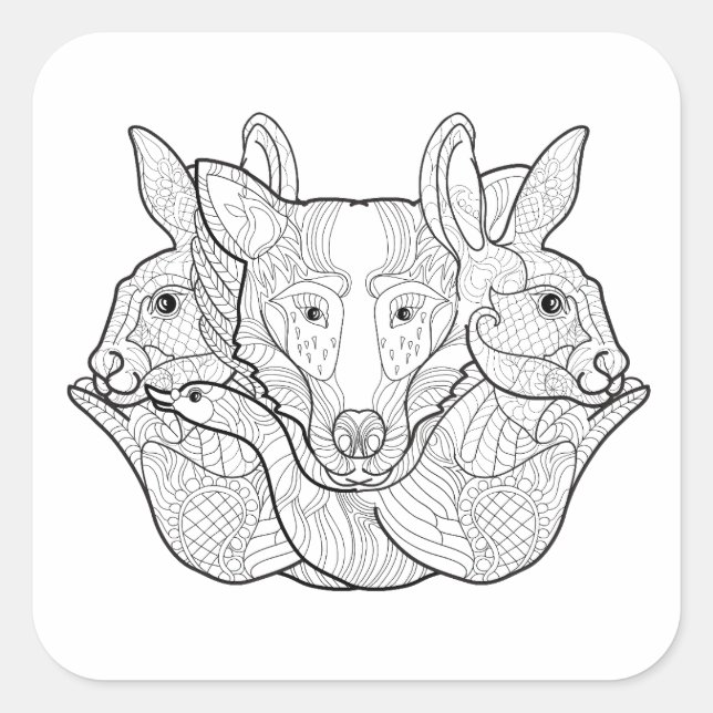 Pegatina Cuadrada Doodle de grupo animal (Anverso)