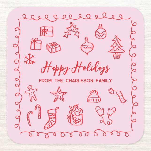 Pegatina Cuadrada Doodle de Ilustracion esgrimido de vacaciones rosa (Personalized pink and red hand drawn scribble doodle Christmas holiday sticker)