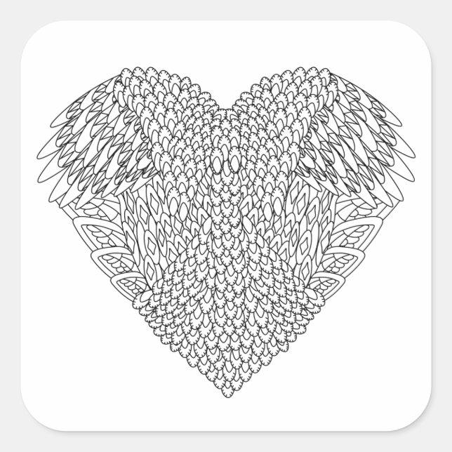 Pegatina Cuadrada Doodle del corazón alado (Anverso)