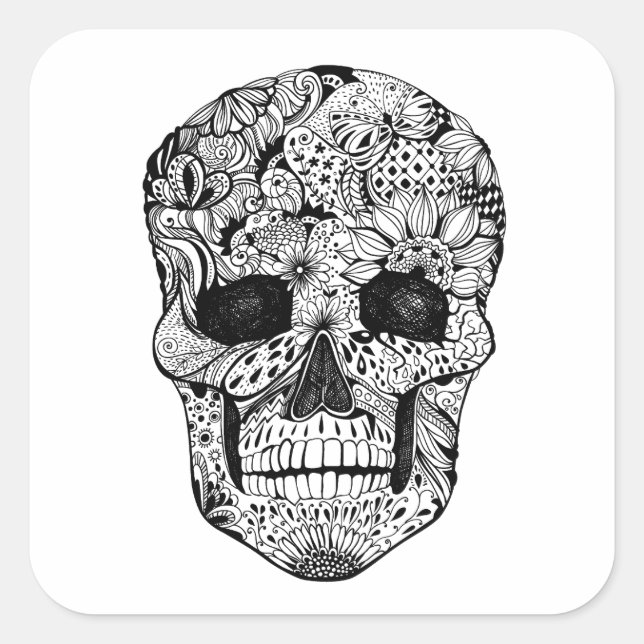 Pegatina Cuadrada Doodle Floral Skull (Anverso)