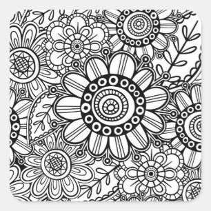 Pegatina Cuadrada Doodle Folk Art Floral Line Drawing Pattern