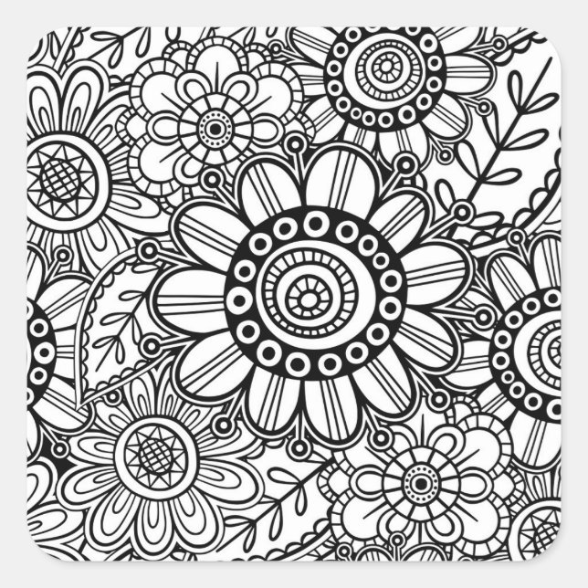 Pegatina Cuadrada Doodle Folk Art Floral Line Drawing Pattern (Anverso)