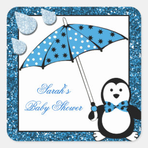 Pegatina Cuadrada Doodle Penguin Boy Baby Shower