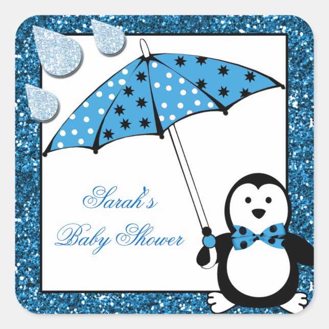 Pegatina Cuadrada Doodle Penguin Boy Baby Shower (Anverso)