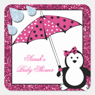 Pegatina Cuadrada Doodle Penguin Chica Baby Shower