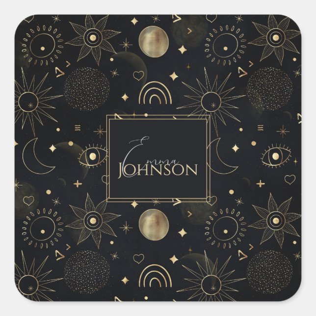 Pegatina Cuadrada Doodles Boho Gold Space Diseño Negro (Anverso)