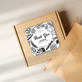 Pegatina Cuadrada Doodles modernos de Panadería Negra Agradecimiento
