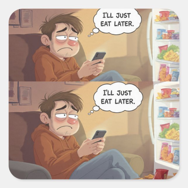 Pegatina Cuadrada Doomscrolling & Snacks – Relatable Sticker (Anverso)