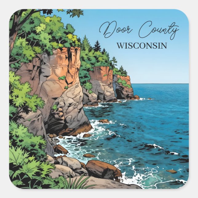 Pegatina Cuadrada Door County Illustration | The Bluffs and Lake (Anverso)