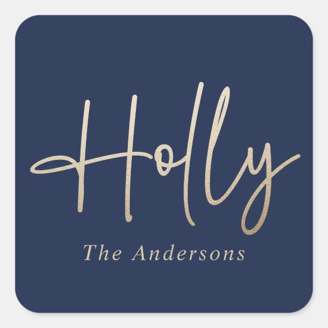 Pegatina Cuadrada Dorado azul marino moderno guión mínimo elegante (Anverso)