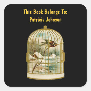 Pegatina Cuadrada Dorado Birdcage Winter Scene Cabina Nieve Pájaro N