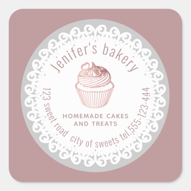 Pegatina Cuadrada Dorado de rosa de encaje Doily quequitos y dulces  (Anverso)