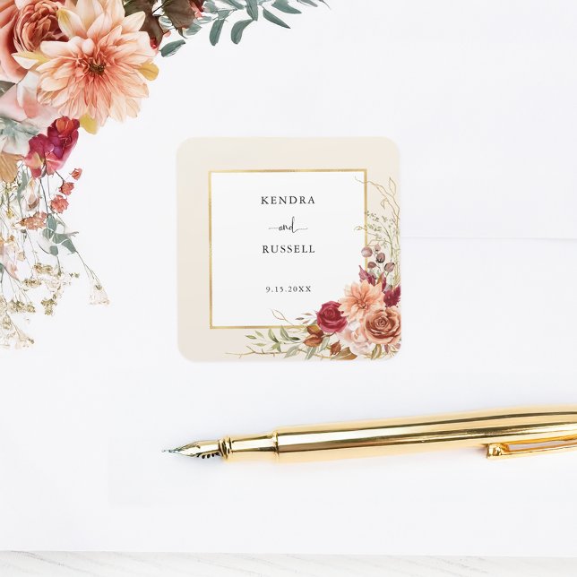 Pegatina Cuadrada Dorado Fall Terracotta Floral (Subido por el creador)